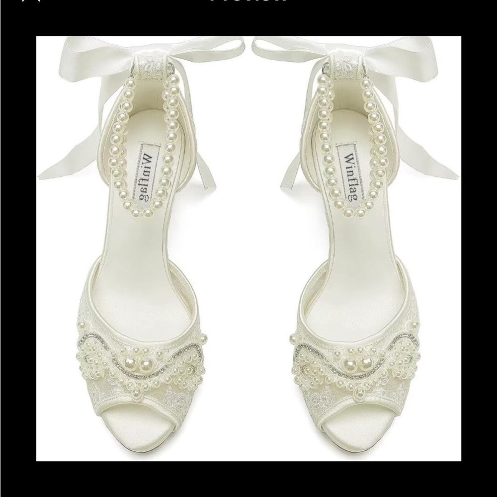 👡Lace Pearl Bridal Heels Ivory Peep Toe Platform with Satin Ribbon